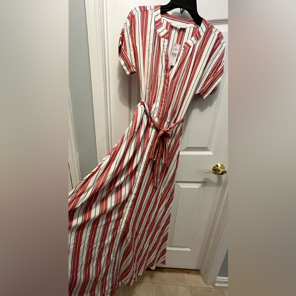 NWT LOFT Striped White Red Button-Down with Pockets Maxi Dress Size 0 - Picture 11 of 16
